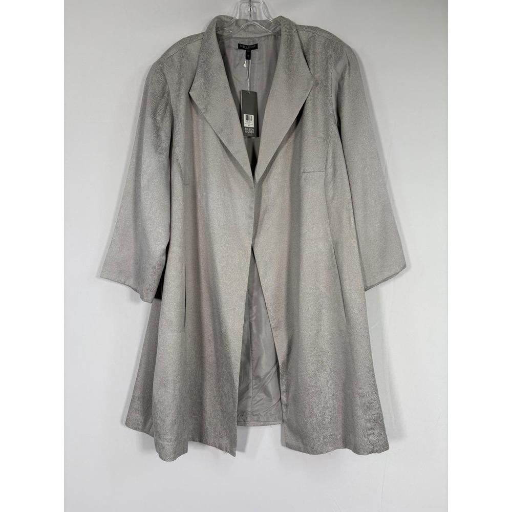 NWT Eileen Fisher Woman Gray Textured Silk Blend Duster Coat Silk Lined Sz 2X